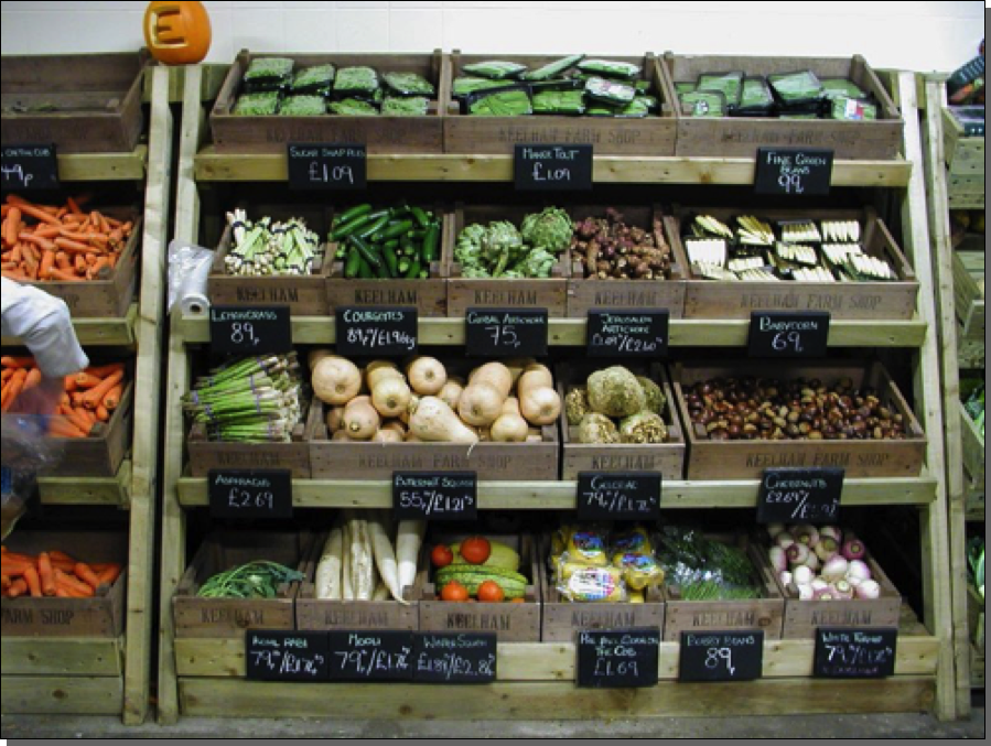 Repro quarter and half bushel boxes 
in Keelham farm shop, Bradford

